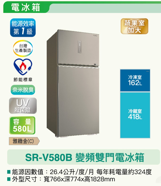 SANLUX台灣三洋580公升一級變頻雙門電冰箱 SR-V580B~含拆箱定位+舊機回收 product thumbnail 3