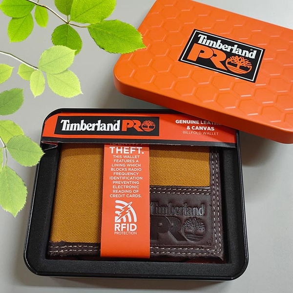 【Timberland】男皮夾 短夾 簡式悠遊卡夾 帆布PRO款 牛皮夾 品牌盒裝／黃褐色 product thumbnail 5