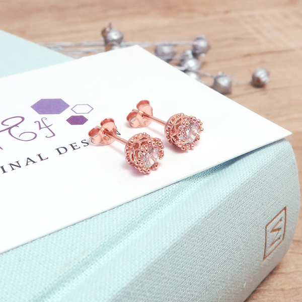優雅翠冠耳環 方晶鋯石款 925純銀針式耳環 玫瑰金色
