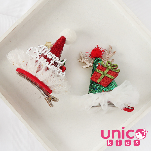 UNICO 兒童大人紅色綠色聖誕帽造型雪花蕾絲邊夾/髮夾 product thumbnail 4