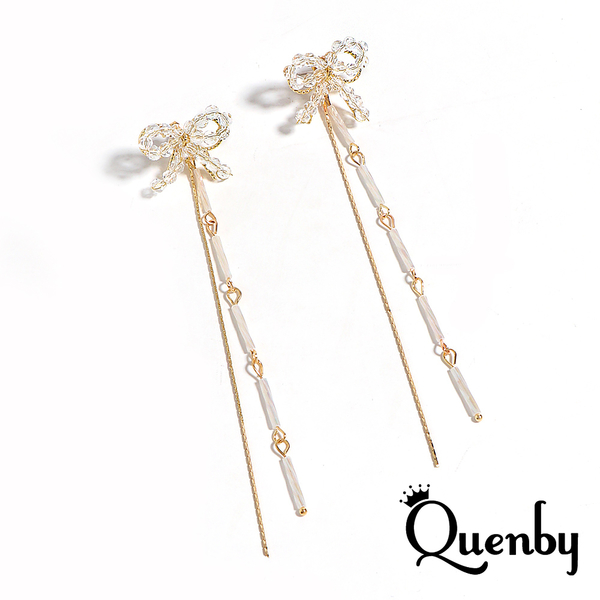 Quenby 925純銀 甜美優雅蝴蝶結長款耳線耳環/耳針