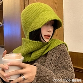 綠色帽子圍巾一體女冬季韓版保暖針織毛線帽小眾設計護耳護頸帽子 雙12購物節85折