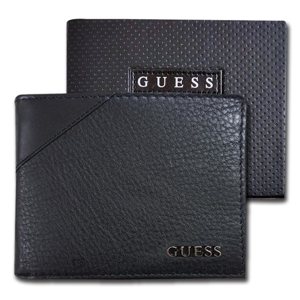 【Guess】男皮夾 短夾 荔紋牛皮夾 斜三角設計 金屬Logo 雙鈔夾 品牌盒裝／黑色 product thumbnail 3