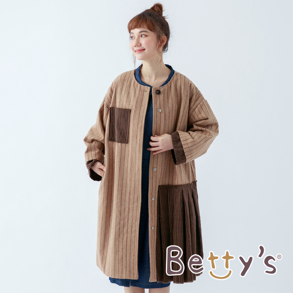 betty’s貝蒂思　設計款條紋拼色混羊毛大衣(深卡其)