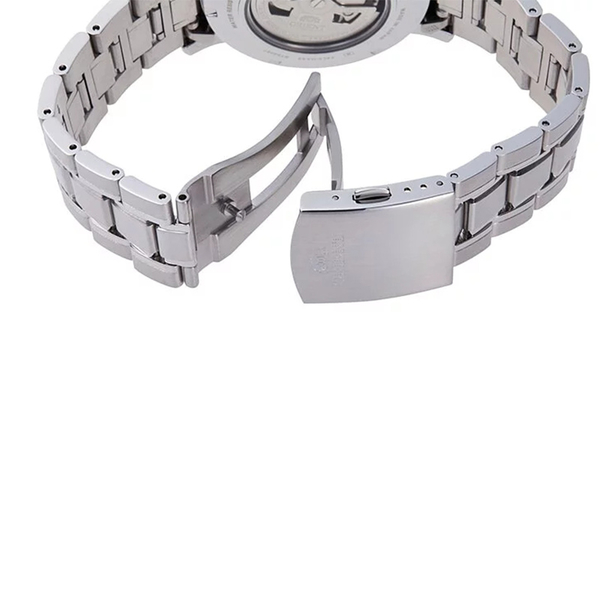 【台南 時代鐘錶 ORIENT】東方錶 RA-AS0002B 羅馬字 日月相錶 鏤空開芯 鋼錶帶 機械男錶 黑/銀 42mm