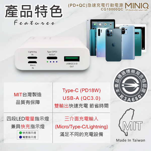 MINIQ CG10000QC (PD+QC3.0) 急速快充行動電源 PD快充 行動充電器 快速充電 product thumbnail 3