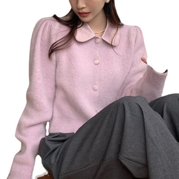 針織開衫新款法式復古翻領針織開衫女氣質長袖毛衣外套潮批發