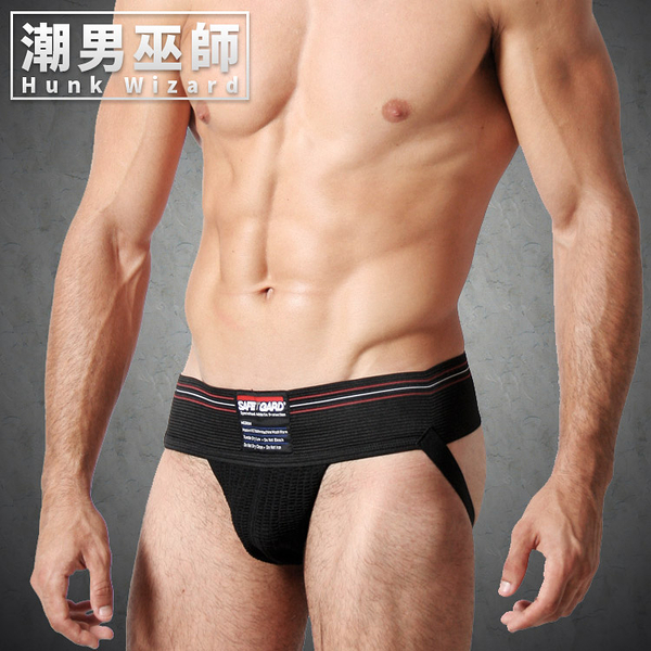 型男時尚 3英吋寬版腰帶 男性運動型體育後空內褲 黑色| SAFETGARD jockstrap