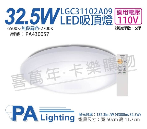 Panasonic國際牌 LGC31102A09 LED 32.5W 110V 全白燈罩 霧面 調光調色 遙控吸頂燈 _ PA430057