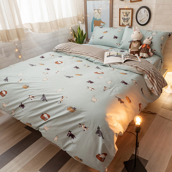 小貓窩 D2雙人床包雙人薄被套4件組 四季磨毛布 北歐風 台灣製造 棉床本舖