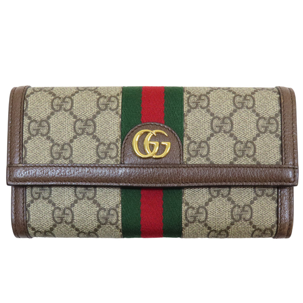 【二手名牌BRAND OFF】GUCCI 古馳 棕色 塗層帆布 Ophidia GG Continental 扣式長夾 523153