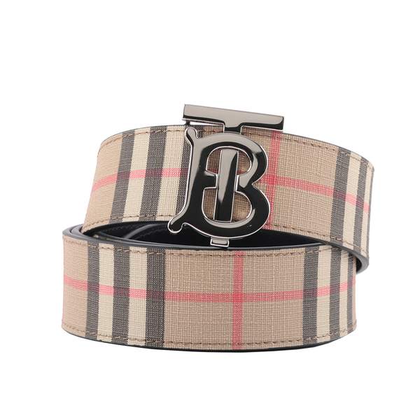 【BURBERRY】TB Logo 經典格紋雙面可用皮帶(經典米色/黑色) 100/105cm 寬3.5cm 8021957 A7026