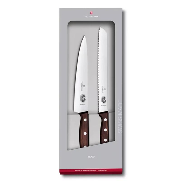 【Victorinox 瑞士維氏】木製廚具套裝，2 件裝-楓木柄(切肉刀19mm+麵包刀21mm)(5.1020.21G)