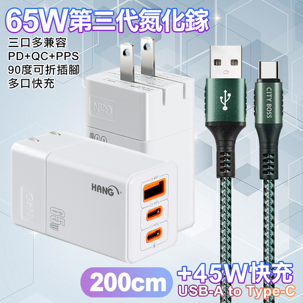 HANG 三代氮化鎵65W 白色+勇固線耐彎折編織線USB-Type-C-200cm