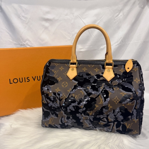 哈極品】美品《Louis Vuitton LV 限量款老花字紋絲絨亮片speedy 30公分