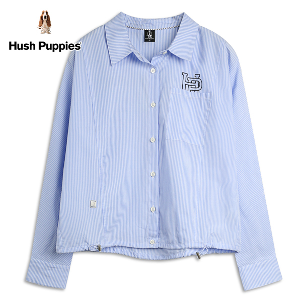 Hush Puppies 襯衫 女裝知性直條紋品牌印花短版抽繩襯衫