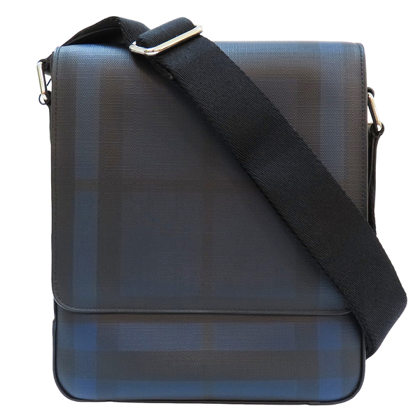 【二手名牌BRAND OFF】BURBERRY 巴寶莉 藍黑色 經典格紋 PVC塗層帆布 斜背包