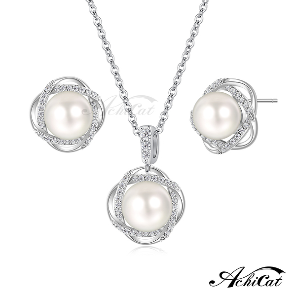 AchiCat 項鍊耳環套組 正白K 璀璨優雅 珍珠項鍊 珍珠耳環 銀色款 母親節禮物 C21018