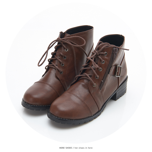 [Here Shoes]MIT台灣製 個性帥氣綁帶圓頭 側拉鍊 粗中跟4cm 短靴 靴子 2色─KC2197