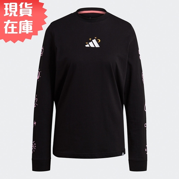 Adidas 女裝 長袖上衣 T恤 純棉 印花 黑【運動世界】GJ6522