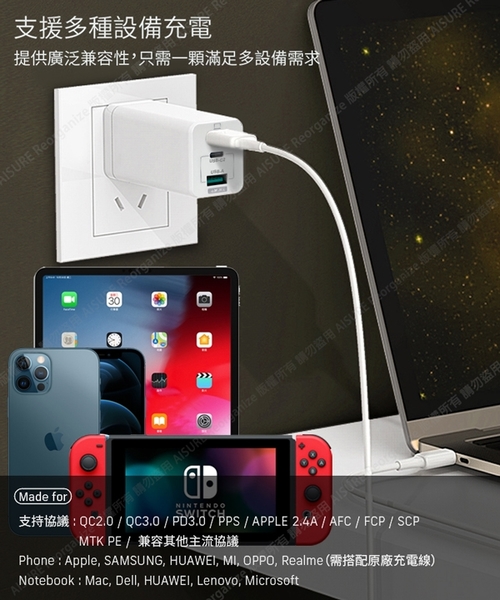 Mycell GaN迷你氮化鎵65W快充充電器(台灣版)+HANG PD20W Type-C to Lightning 閃充線-白 product thumbnail 5