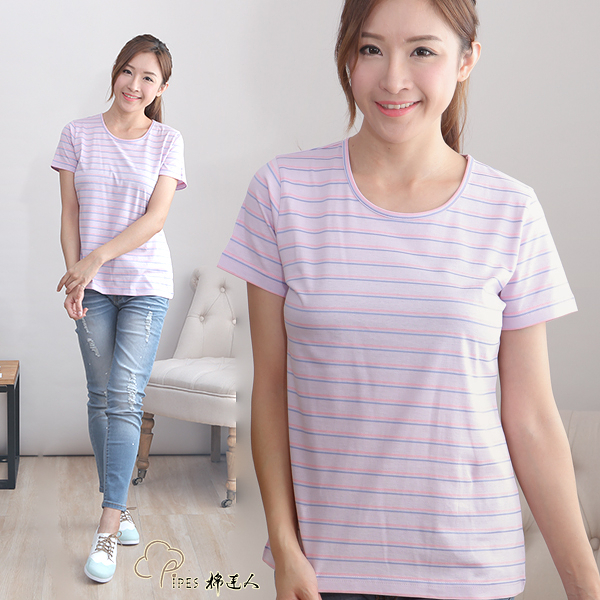【PIPES-棉達人】 絲光棉 圓領 短袖，粉紫底粉條T恤，台灣製，M~3L 690元