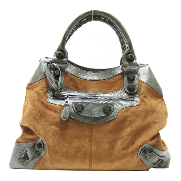 BALENCIAGA 巴黎世家 棕色麂皮拼灰色牛皮手提包 The Giant Brief Handbag 173085 【二手名牌BRAND OFF】