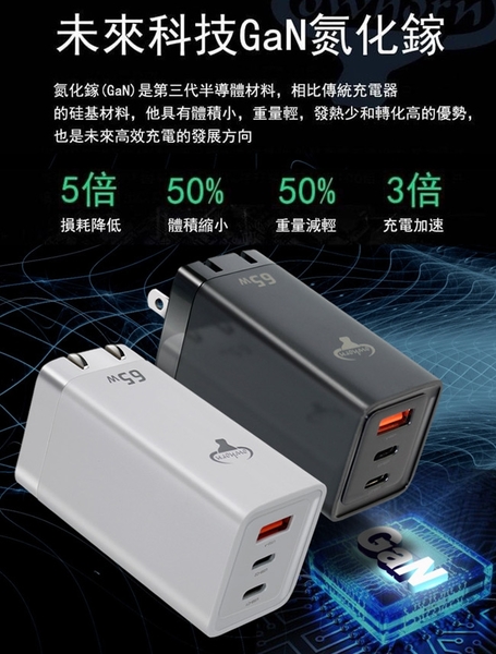 COWHORN GaN迷你氮化鎵65W快充充電器(台灣版)黑+HANG Type-C to Lightning PD快充線-藍 product thumbnail 2