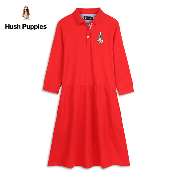 Hush Puppies 洋裝 女裝刺繡狗素色七分袖POLO領洋裝