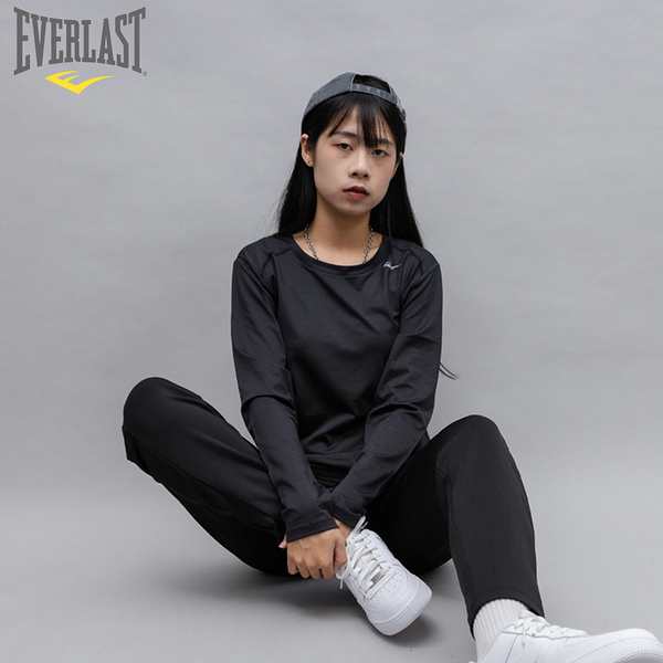 EVERLAST 長袖 全黑 LOGO 機能 運動 薄長T 女 4852106020