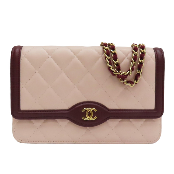 【二手名牌BRAND OFF】CHANEL 香奈兒 粉色 羊皮 酒紅色 邊框 菱格紋 Two Tone WOC