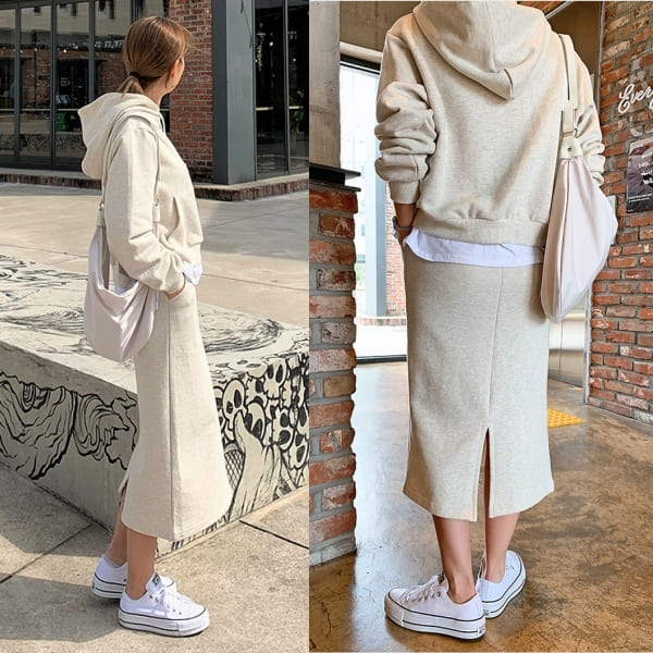 韓國製．素色假兩件連帽上衣+高腰彈性棉質窄裙．白鳥麗子 product thumbnail 3