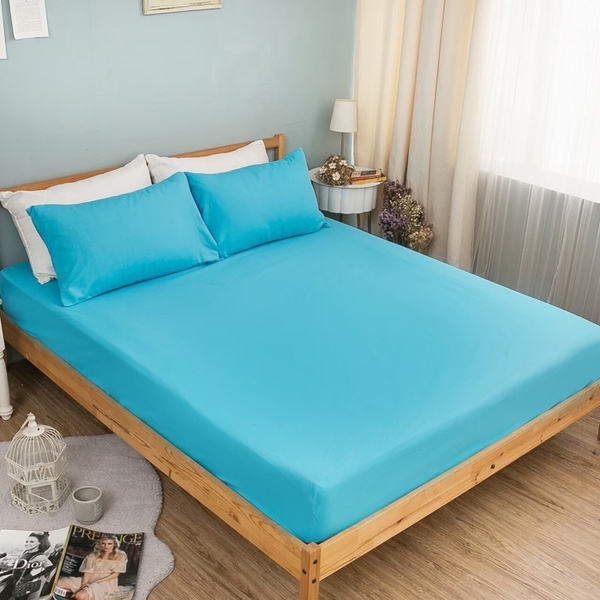 雙人加大薄床包三件組 100%MIT台製舒柔棉(6*6.2尺)《優雅素色-湖水藍》