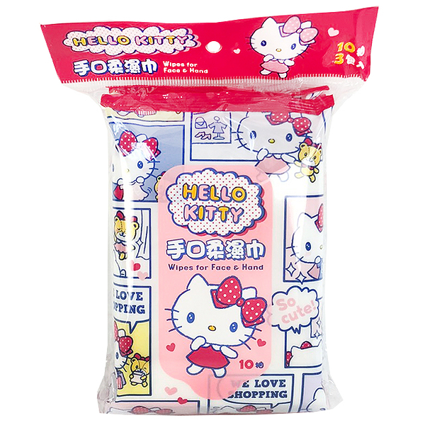 小禮堂 Hello Kitty 10抽手口濕紙巾包3入組 (桃格圖款) 4715664-503465