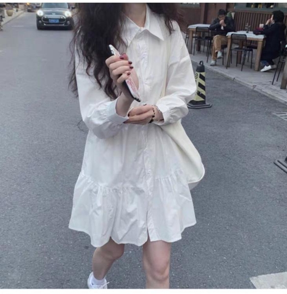 韓國chic短袖雪紡洋裝 小個子法式白色連身裙子女設計感長袖A字襯衫裙東街B01A.美麗衣櫥
