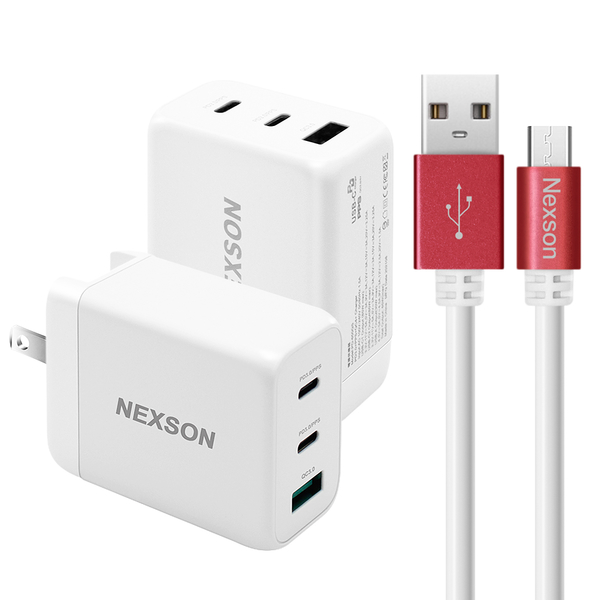 NEXSON 第三代氮化鎵GaN 65W三孔-白+10A認證閃充MICRO USB傳輸充電線-紅120cm product thumbnail 2