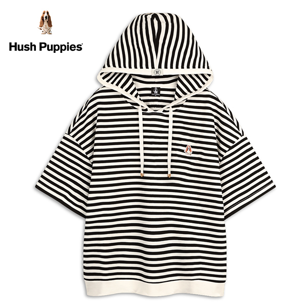 Hush Puppies 帽T 女裝刺繡狗細條紋寬鬆短版連帽上衣