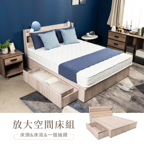 【H&D 東稻家居】放大空間5尺雙人床組3件組-2色(床頭+床底+單抽屜)