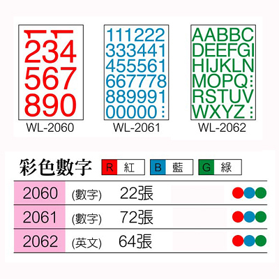 華麗牌 WL-2061 彩色數字標籤 紅色小字 字高16mm 72張入