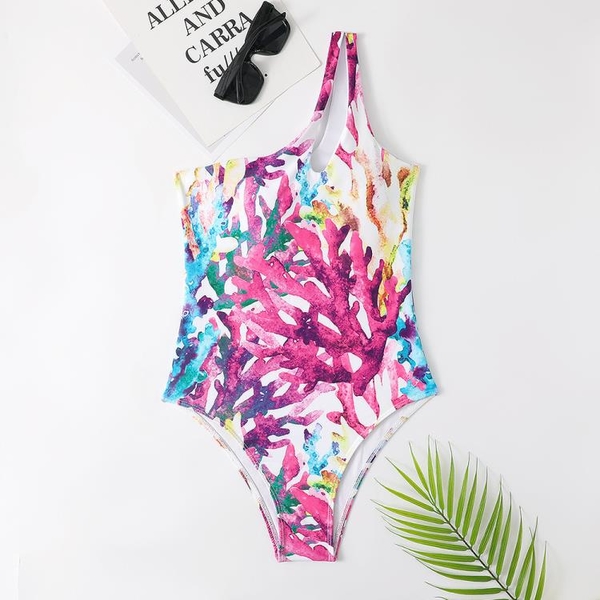 比基尼 2023歐美多色珊瑚泳衣鏤空單肩連身泳裝性感一件式