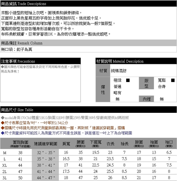 加大尺碼--俏皮感字母笑臉印花下擺造型釘釦圓領短袖上衣(黑.桃.黃M-3L)-U688眼圈熊中大尺碼 product thumbnail 11