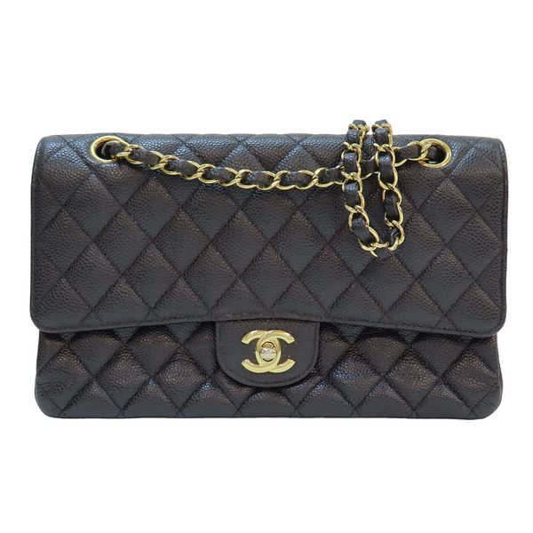 CHANEL 香奈兒 黑色 魚子醬牛皮 菱格紋 Classin Double Flap 25 單肩鏈包 金扣 (無卡) 【二手名牌BRAND OFF】