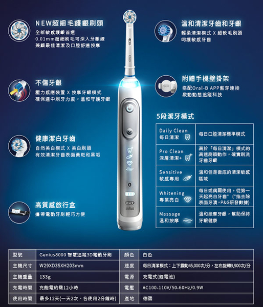 《德國製》Braun Oral-B Genius8000 / G8000 德國百靈歐樂B 高階款 敏感護齦 電動牙刷 product thumbnail 2