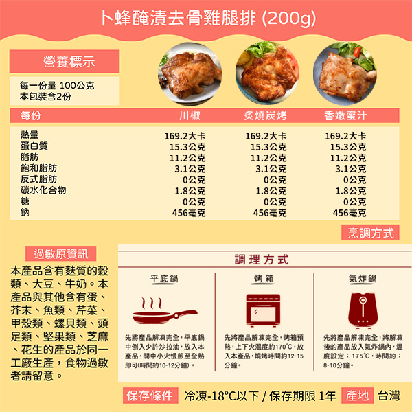 卜蜂 醃漬去骨雞腿排 無骨雞腿排 雞肉 冷凍食品 200g/包 原味 黑胡椒 蒜味 炙燒 炭烤 椒麻 product thumbnail 9