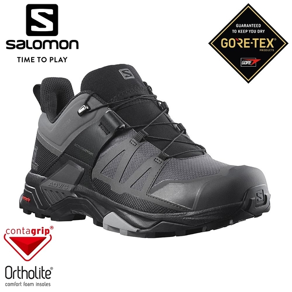 【SALOMON 法國 男 X ULTRA 4 GTX 低筒登山鞋《灰/黑/石碑灰》】412870/越野鞋/健行鞋/多功能鞋