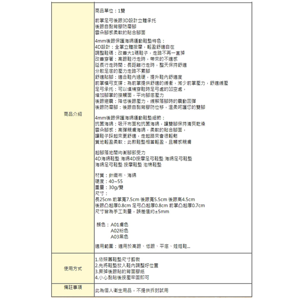 鞋墊．4mm後跟保護海綿運動鞋墊 海綿4D按摩足弓鞋墊．1雙【鞋鞋俱樂部】【906-C218】 product thumbnail 2