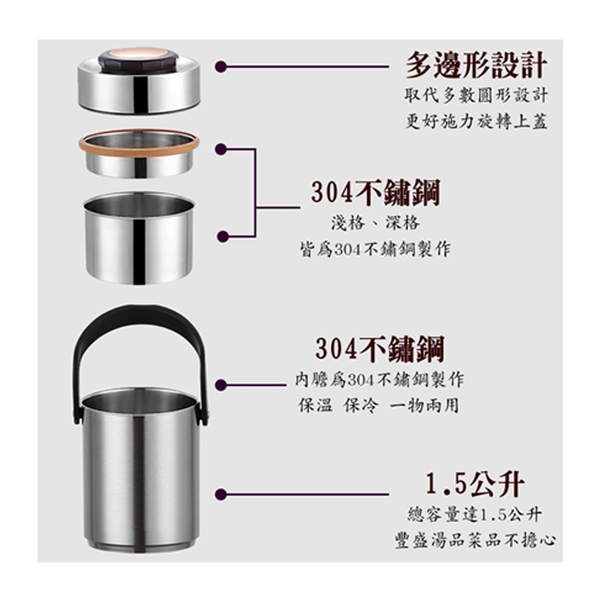 禮品一番 304真空斷熱分層保溫提鍋1.5L HF-B1500H product thumbnail 4