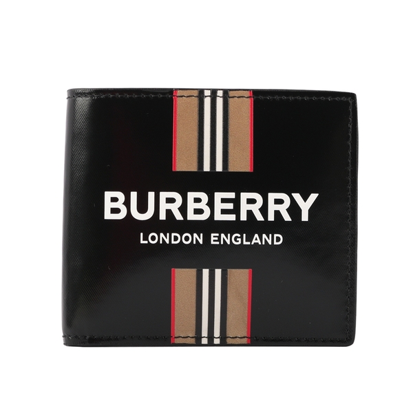 【BURBERRY】經典條紋LOGO牛皮印花短夾(黑色) 8030525 A1189