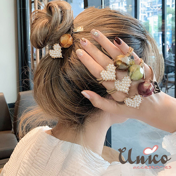 UNICO 質感色系優雅珍珠2入髮圈/髮飾-優雅灰+活力橘