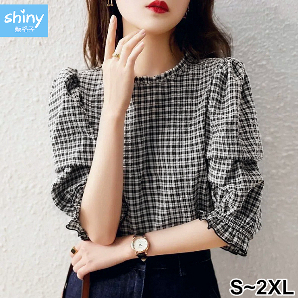 【V3726】shiny藍格子-優美雅調．韓系時尚顯瘦黑白格紋五分袖上衣